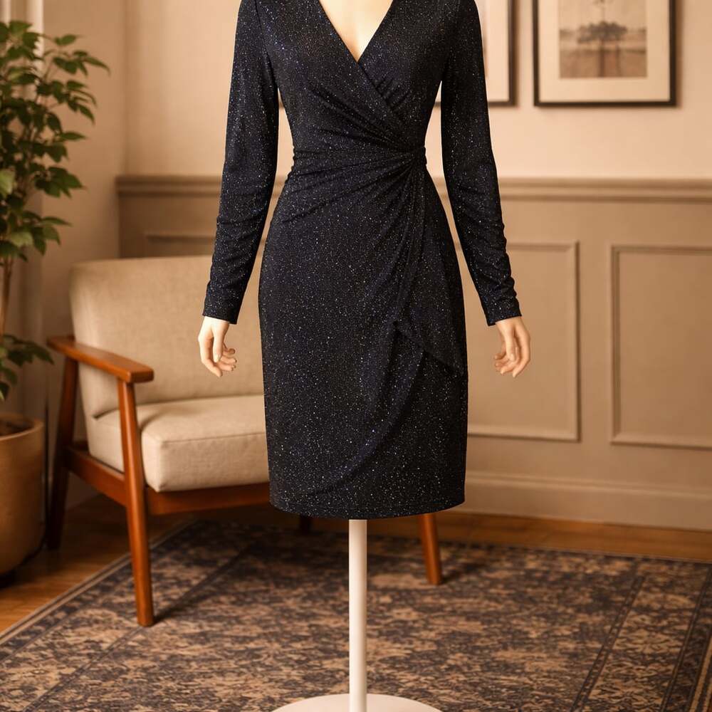 London Times Women's Size 12 Black Glitter Long Sleeve Wrap Midi Dress